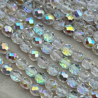 8mm Crystal AB Faceted Fire Polish Czech Glass Round 25 Beads Per Strand