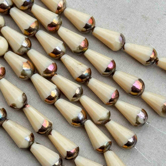 20x9mm Ivory Copper Czech Glass Faceted Teardrop 6 Beads Per Strand