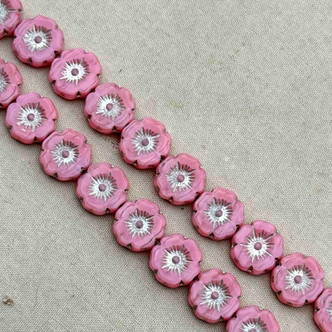 12mm Flower 5 Petal Window Cut Czech Glass Beads Opaque Pink Mercury 12Pcs Per Strand