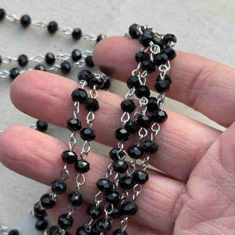 Mini Ebony Black Beaded Rosary Chain 6mm Crystal Rondelle Antique Silver Plated Per Foot