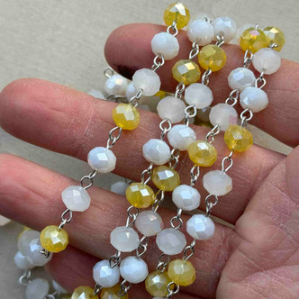 Daffodils Beaded Rosary Chain 8mm Crystal Rondelle Antique Silver Plated Per Foot