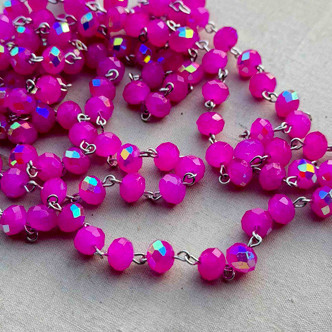 Fuchsia Opals Beaded Rosary Chain 8mm Crystal Rondelle Antique Silver Plated Per Foot