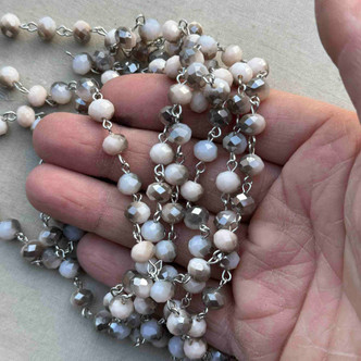 Ivory Marble Beaded Rosary Chain 8mm Crystal Rondelle Antique Silver Plated Per Foot