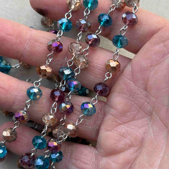 Rococo Beaded Rosary Chain 8mm Crystal Rondelle Antique Silver Plated Per Foot