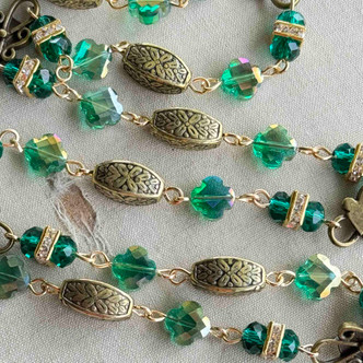 Emerald City Green Beaded Rosary Chain Multi Size Crystal Gold Plated Per Foot