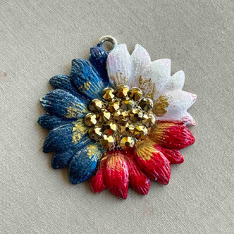 Freedom USA Sunflower Pendant Red White Blue Artisan Hand Painted Flower Per Pc