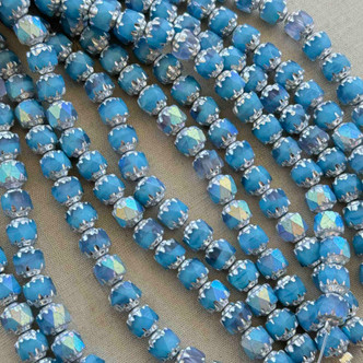 6mm Cathedral Czech Glass Beads Matte Sky Blue AB 20 Beads Per Strand