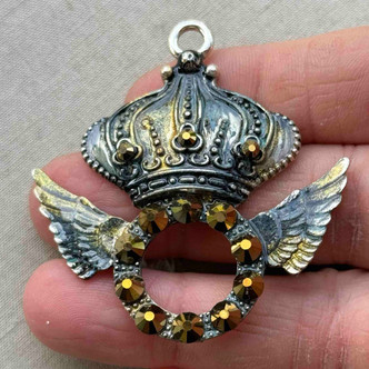 Charlemagne Winged Crown Ring Pendant Rhinestone Crystal Crown Hand Painted Per Pc