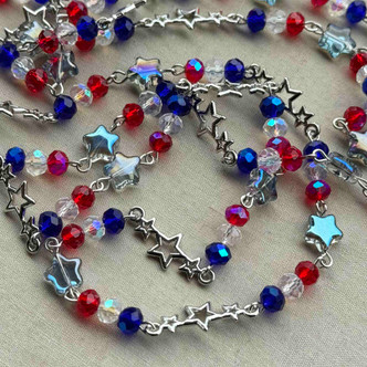 Stars & Stripes Forever Star Link Beaded Rosary Chain Crystal Glass Antique Silver Plated Per Foot