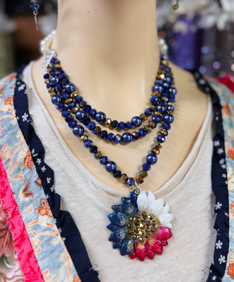 Navy Americana Sunflower Pendant Necklace Knotted Artisan Made 24" Per Pc