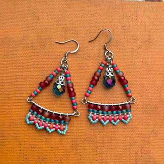 Triangle Coral Turquoise Beaded Earrings Silver Artisan Made in the USA Per Pair