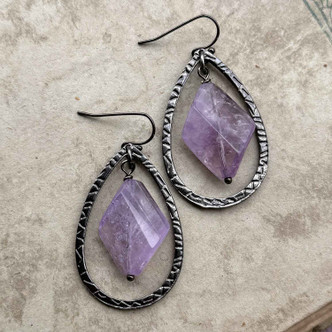 Purple Amethyst Diamond Teardrop Earrings Gunmetal Artisan Made in the USA Pair