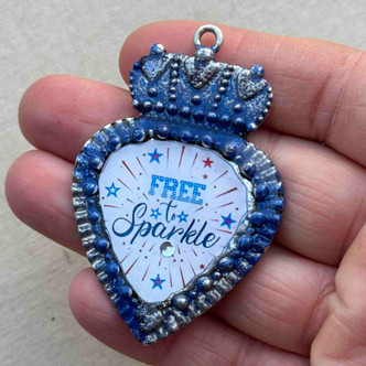 Free To Sparkle Blue Glitter Artisan Crown Heart Pendant Patina Per Pc