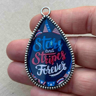 Stars and Stripes Forever Glitter Resin Pendant Hand Poured 60x35mm Teardrop Per Pc