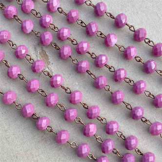 Red Violet Beaded Rosary Chain 8mm Crystal Antique Copper Plated Per Foot