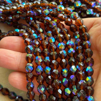 8mm Fire Polish Round Beads Faceted Czech Glass Round Hickory AB 25 Beads Per Strand