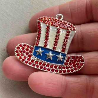 Uncle Sam's Top Hat Pendant Yankee Doodle Dandy USA Rhinestone Enameled Patriotic 41x45mm Silver Plated Per Pc