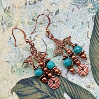 Lotus Spiral Czech Earrings Solid Copper Artisan Made in the USA Per Pair