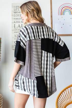 Black White Mix Checkered Patchwork Blouse Mineral Washed Top