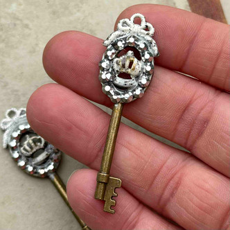 Rhinestone Crown Key Charms Silver Cream Artisan Made 57x17mm Per Pair