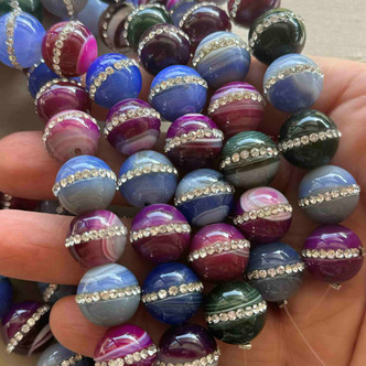 14mm Rhinestone Saturn Mermaid Mix Banded Agate Round Semi Precious Stone Beads Per Strand