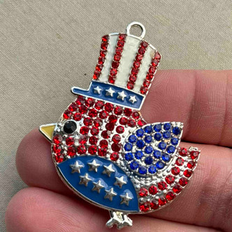 Yankee Doodle Dandy Sparrow Pendant USA Rhinestone Enameled Patriotic 50x40mm Silver Plated Per Pc