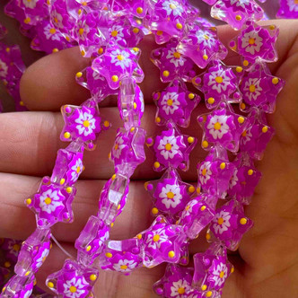 13mm Puffy Star Flower Glass Beads Orchid Purple 12Pcs Per Strand