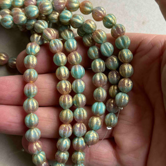8mm Gilded Rose Turquoise Melon Czech Glass Round 20 Beads Per Strand