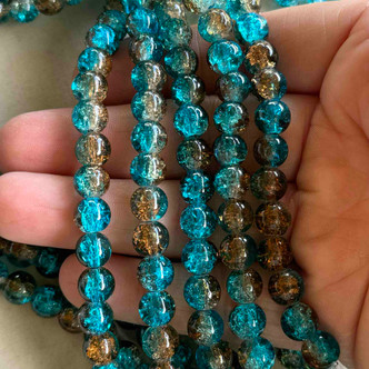 8mm Crackle Bauble Beads Round Glass Capri Topaz 30Pcs Per Strand