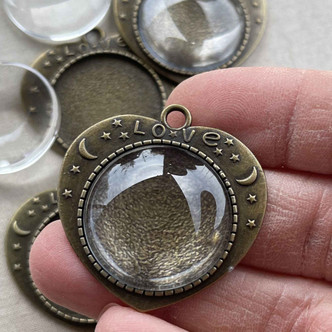 Memory Pendant Antique Brass Heart Love Moon Glass Cab 37x36mm Q4 Sets Per Pkg