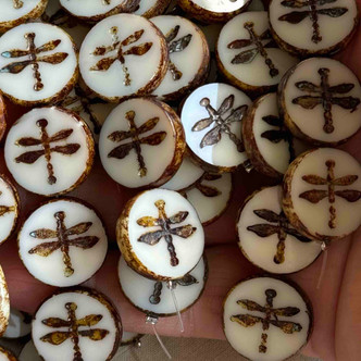 18mm Dragonfly Coin Beads Czech Glass Ivory Picasso 6Pcs Per Strand