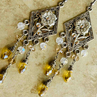 Summer Flowers Statement Chandelier Earrings Silver Artisan Made in the USA Per Pair