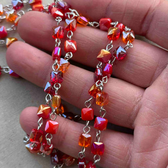 Fiesta CHICLETS Orange Red Beaded Rosary Chain 6mm Crystal Rondelle Antique Silver Plated Per Foot