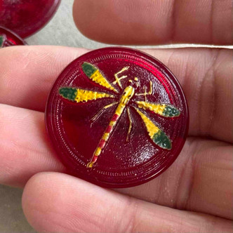 30mm Czech Glass Button Red Dragonfly Painted Q1 Per Pc