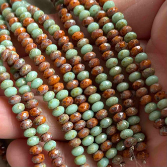 5x3mm Czech Glass Faceted Rondelle Beads Mint Rust Picasso 30Pcs Per Strand