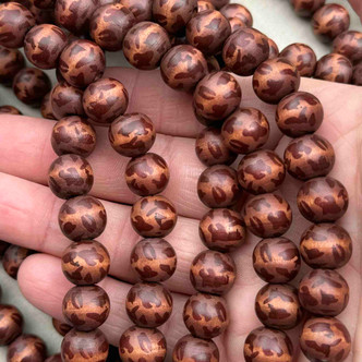 12mm Cheetah Printed Wood Beads Mahogany Leopard Q16 Per Strand