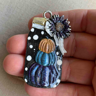 Ghoulish Halloween Pumpkin Mason Jar Pendant Flower Bow Artisan Hand Painted Per Pc