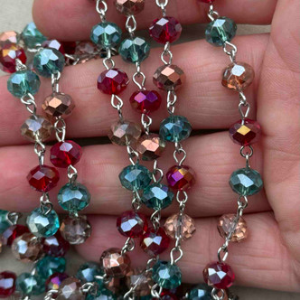 Dickens Christmas Beaded Rosary Chain 8mm Crystal Rondelle Antique Silver Plated Per Foot