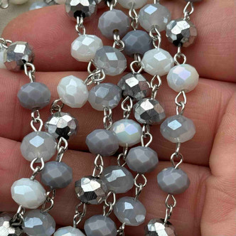 Winter Sky Beaded Rosary Chain 8mm Crystal Rondelle Antique Silver Plated Per Foot