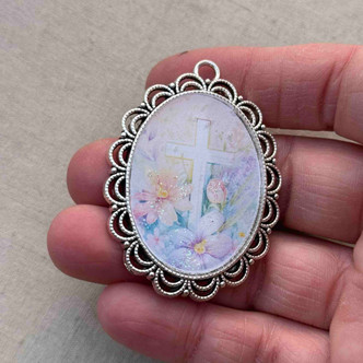 Easter Cross Pendant Hand Poured Glitter Resin Oval 54x40mm Per Pc