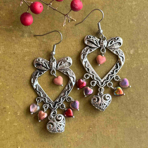 Art Deco Bow Heart Chandelier Earrings Silver Artisan Made in the USA Per Pair