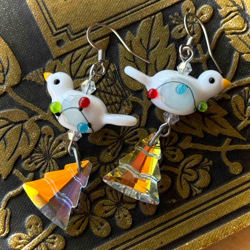 Festive Birdie Christmas Lampwork Earrings Silver Plated Artisan Made in the USA Per Pair