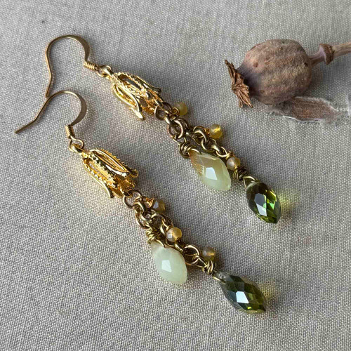 Olivine Tulip Drop Earrings Gold Artisan Made in the USA Per Pair