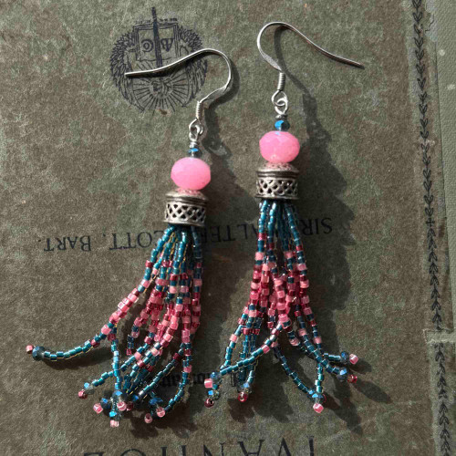 Pinky Teal Tassel Woven Treasures Earrings Artisan Made in the USA Per Pair