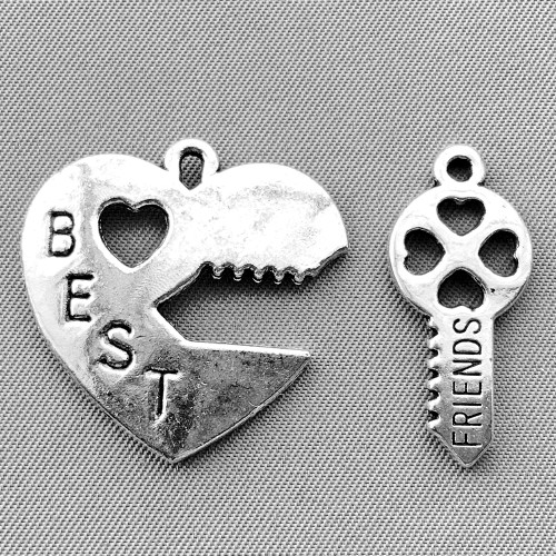 Best Friends Key Heart Charms 25-25x11mm Antique Silver Plated Alloy Q6 Per Pkg