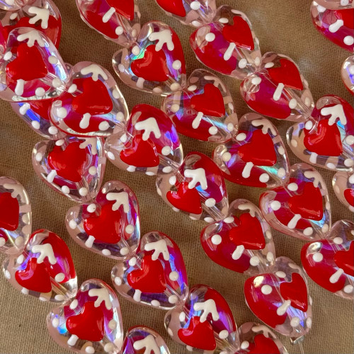 14mm Enameled Heart Arrow Glass Beads Red Clear AB Q12 Pcs Per Strand