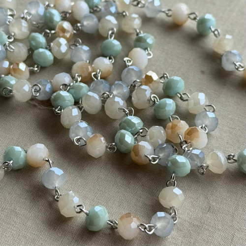 Serenity Beaded Rosary Chain 8mm Crystal Rondelle Antique Silver Plated Per Foot