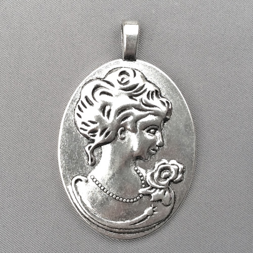 Cameo Lady Oval Cabochon Memory Tray Pendants 51x32mm Antique Silver Plated Alloy Q5 Per Pkg