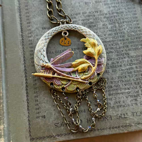 Fly Dragonfly Reed Art Nouveau Necklace Metal Chain Artisan Made Per Pc