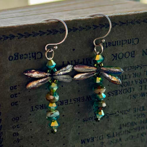 Vitrail Beaded Dragonfly Woven Treasures Earrings Artisan Made in the USA Per Pair